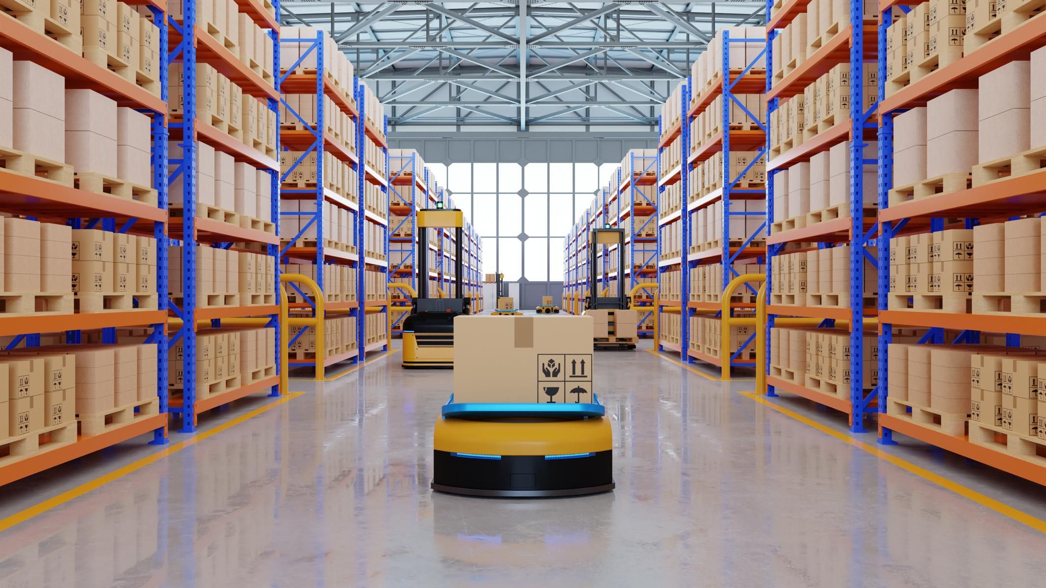 AGV in a modern warehouse in the middle of an aisle