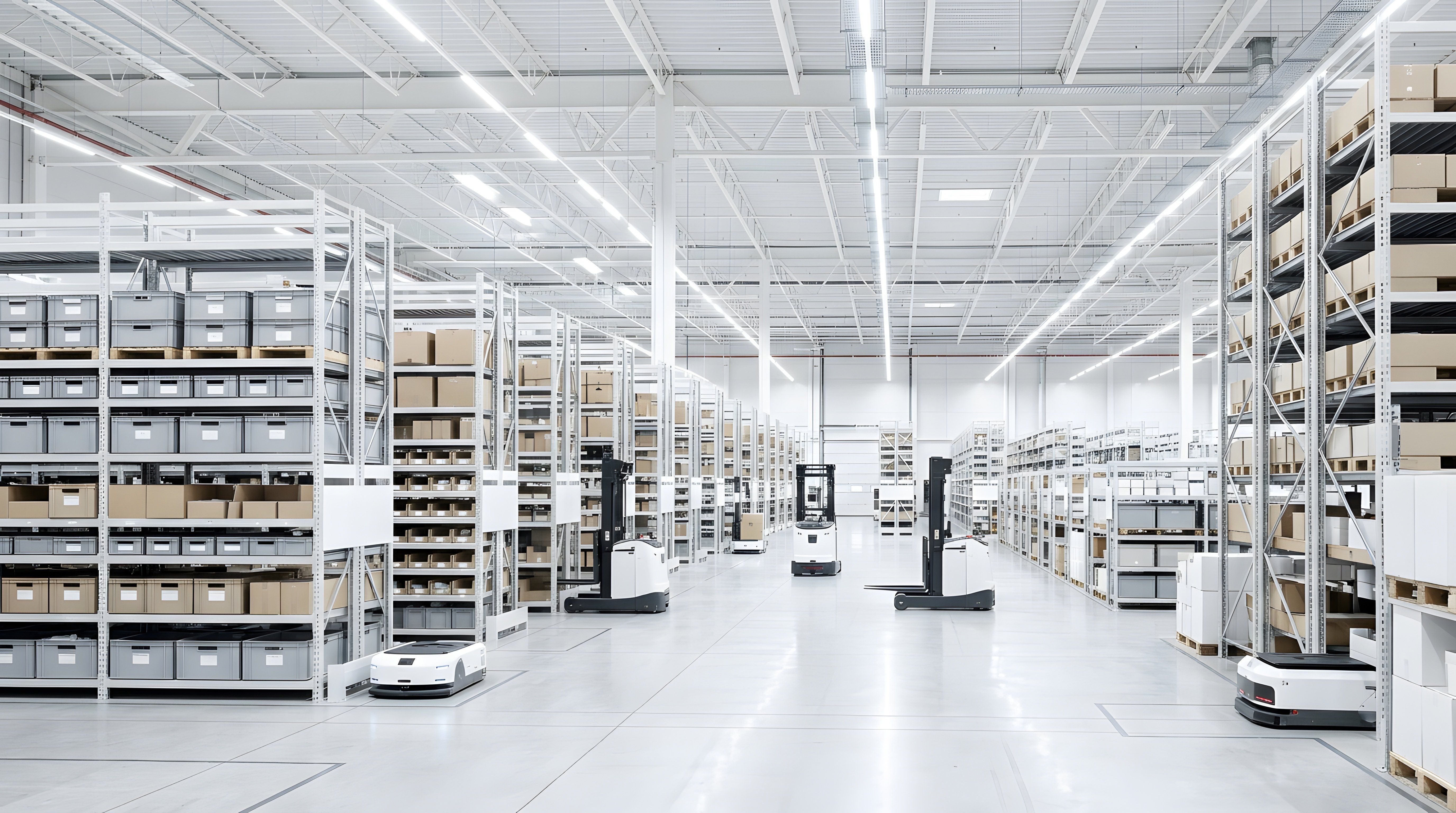 Automated guided vehicles moving across the warehouse floor