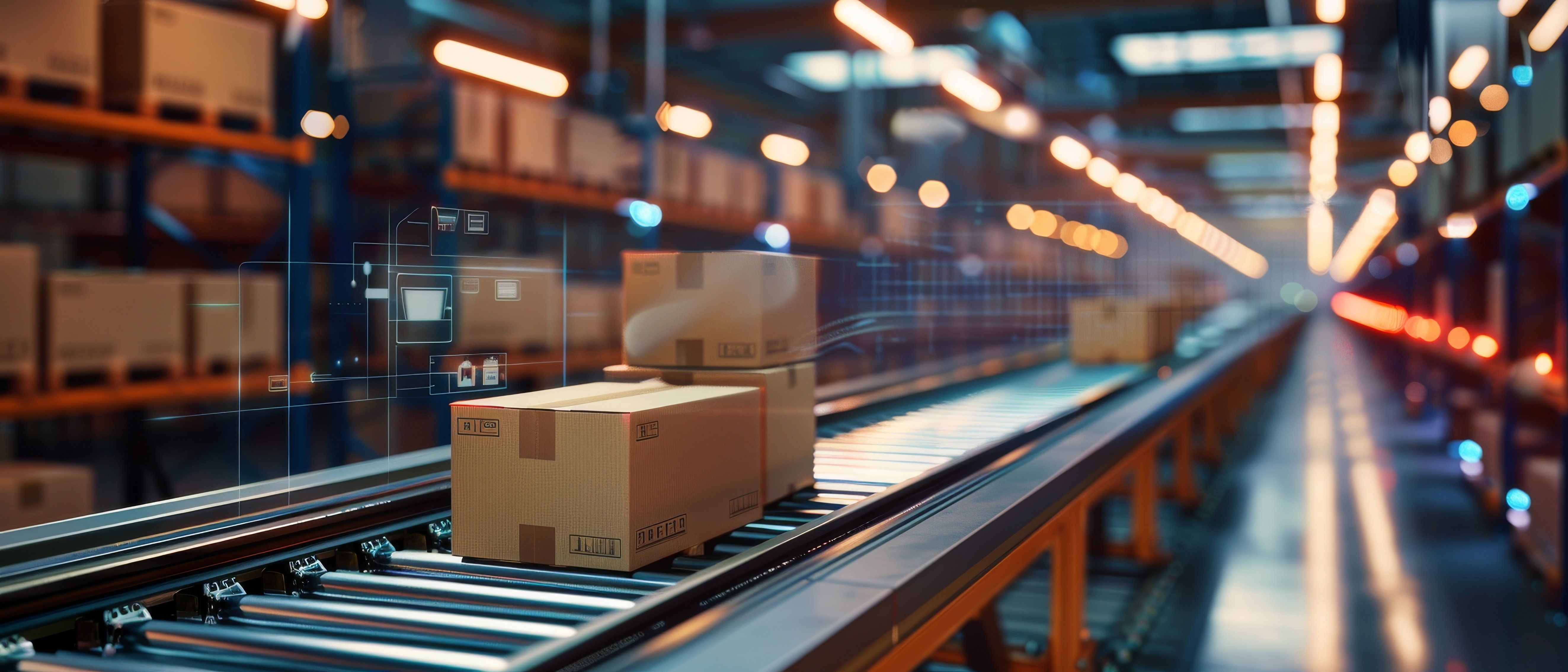 Boxing moving down a warehouse automated conveyer belt