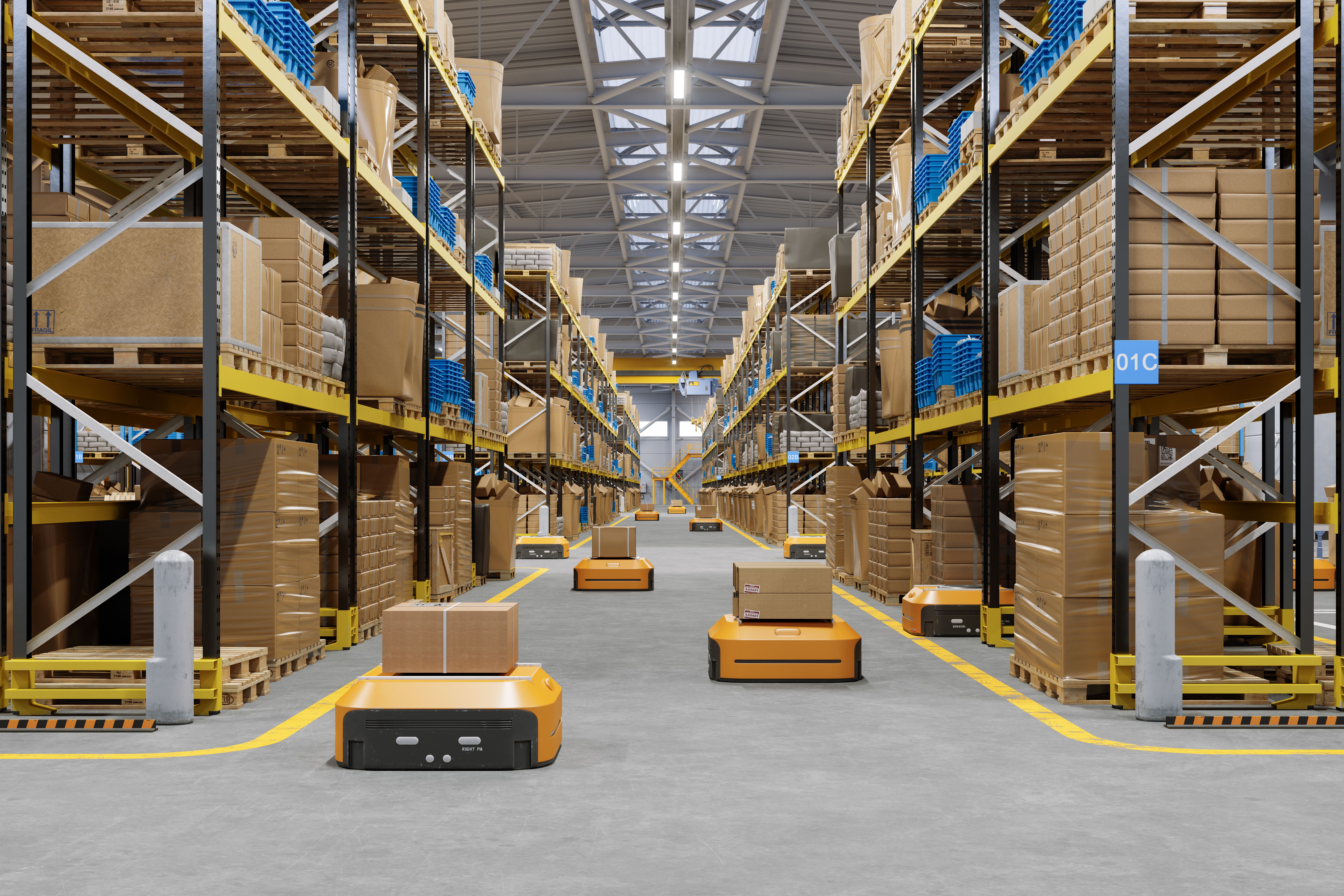 A group of AGVs working in a modern warehouse