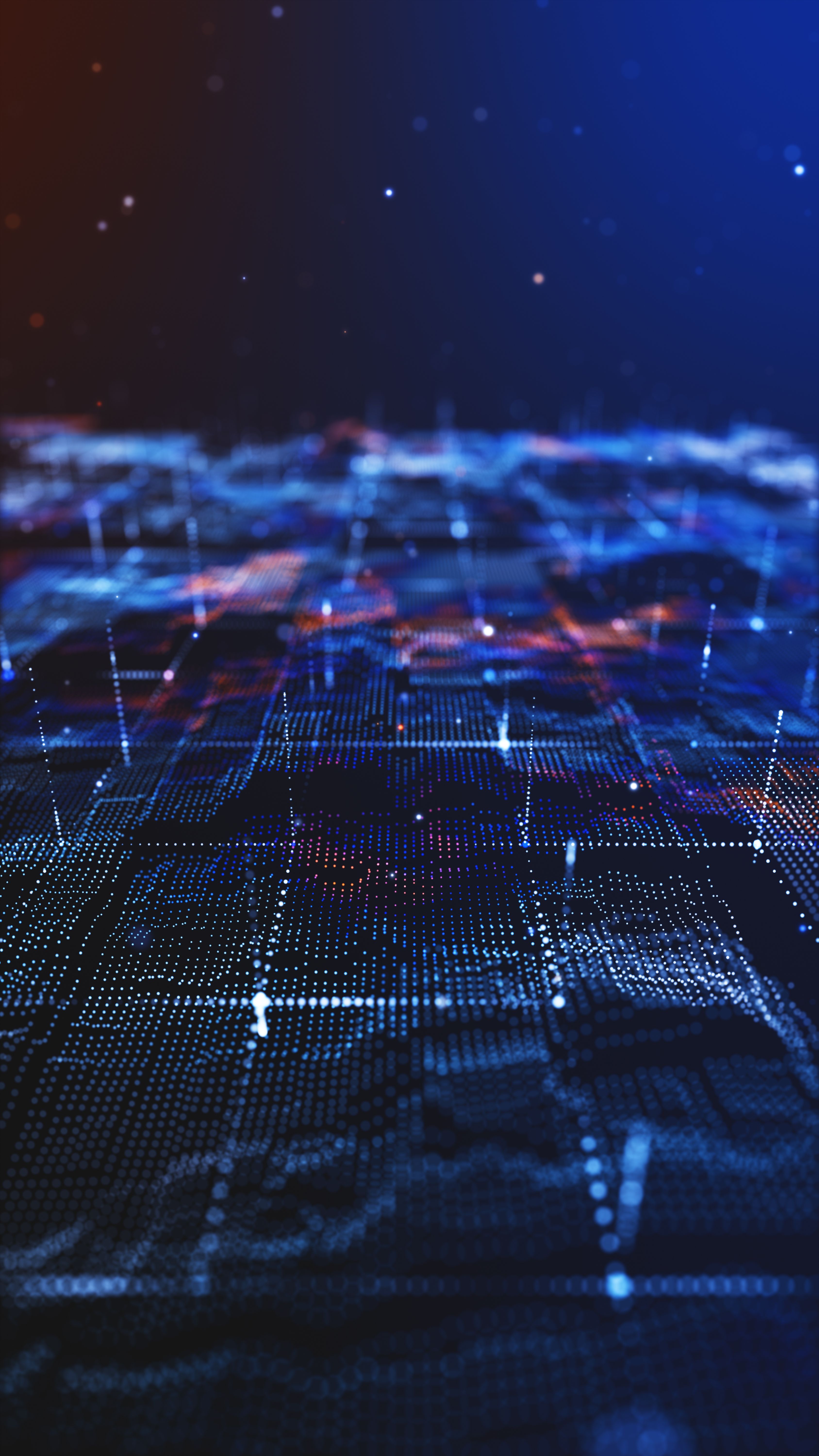A graphic of data points over a digital landscape
