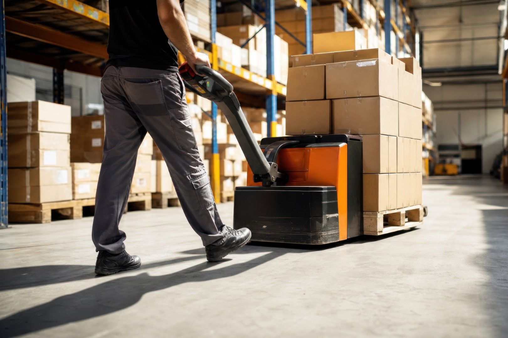 Warehouse worker steering an electric pallet truck loaded with cartons past storage racking