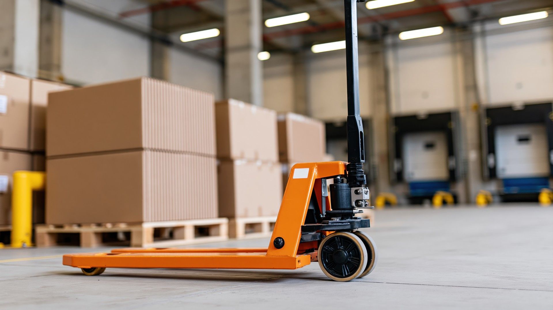 Orange hand pallet truck positioned under a wooden pallet stacked with cardboard cartons at a loading dock