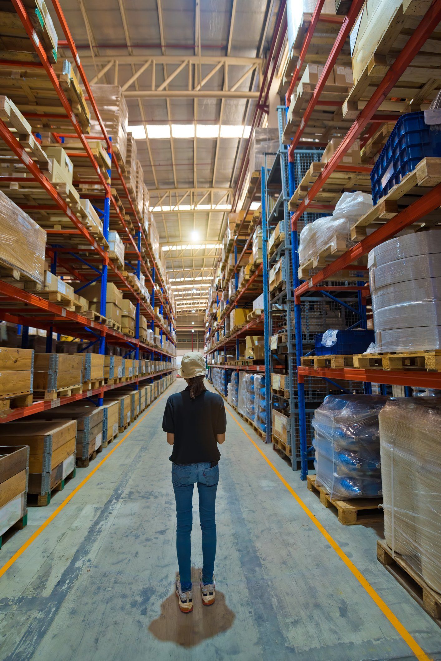 Single warehouse workers in a warehouse aisle
