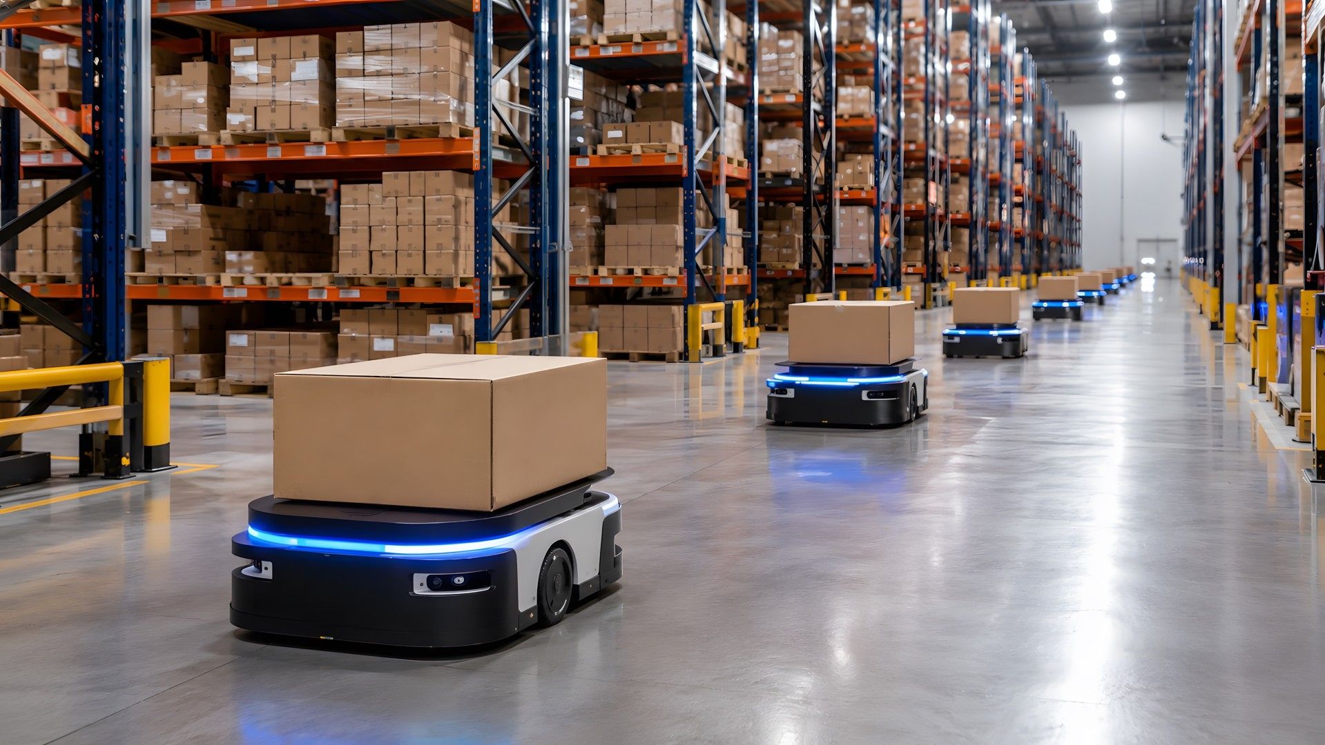 Two autonomous mobile robots carrying cardboard boxes through a warehouse aisle