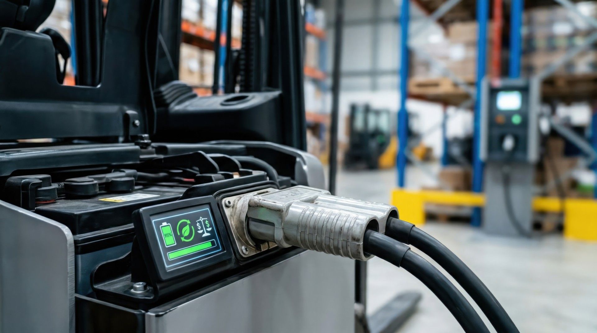 Charging cable plugged into an electric forklift, battery display showing a green charge level