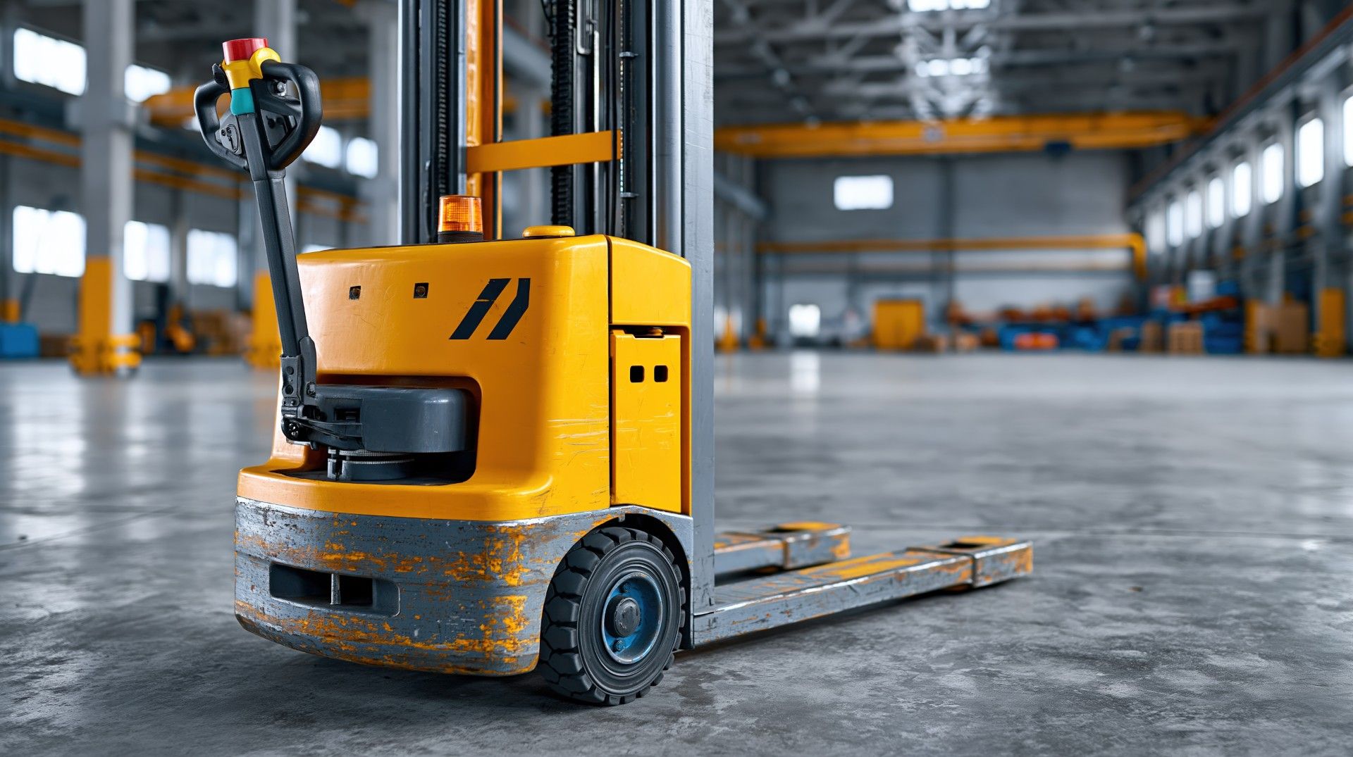Yellow electric pallet truck parked on a warehouse floor