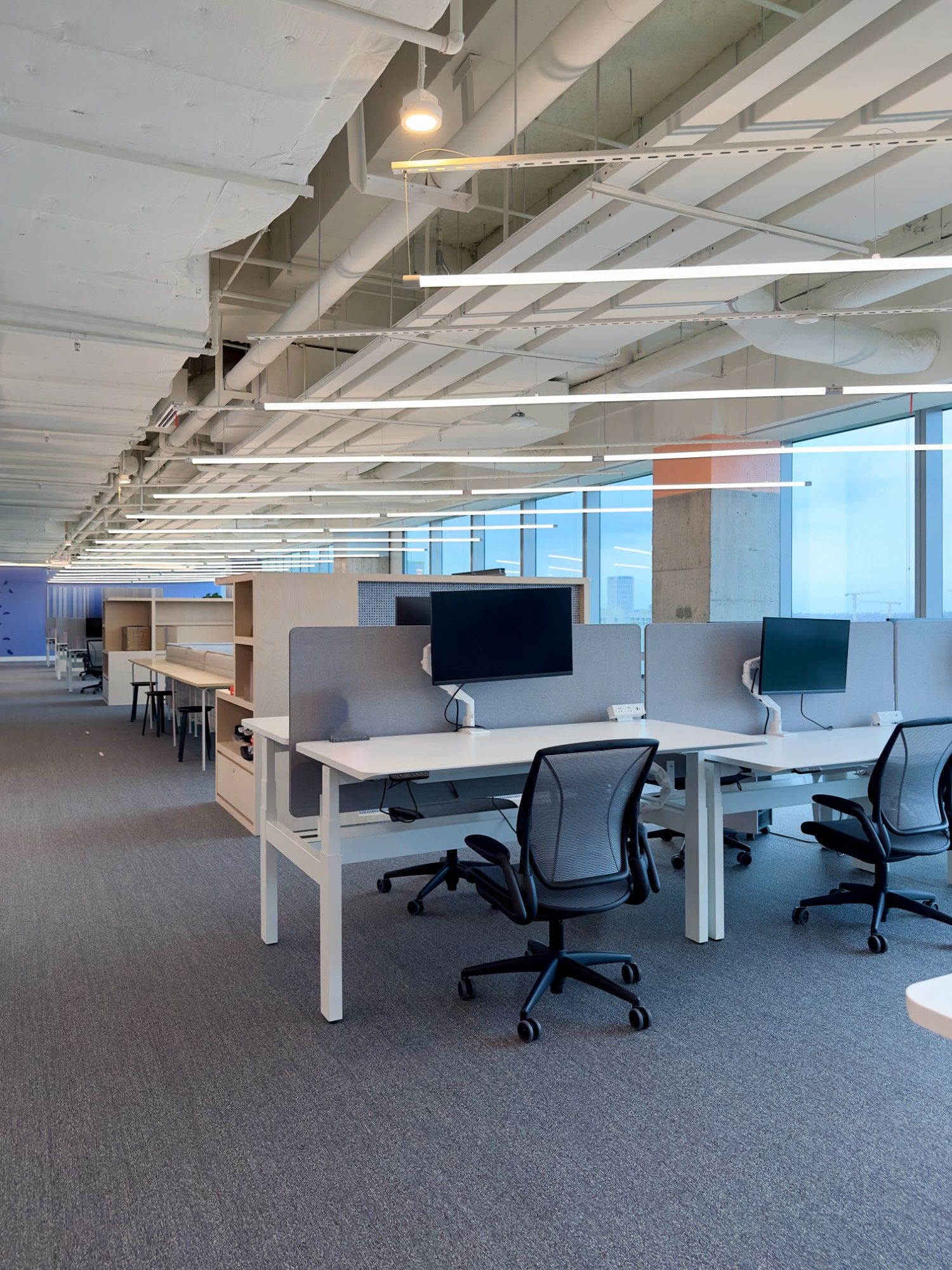 Empty open-plan office with rows of desks, black office chairs, and computer monitors under bright lights