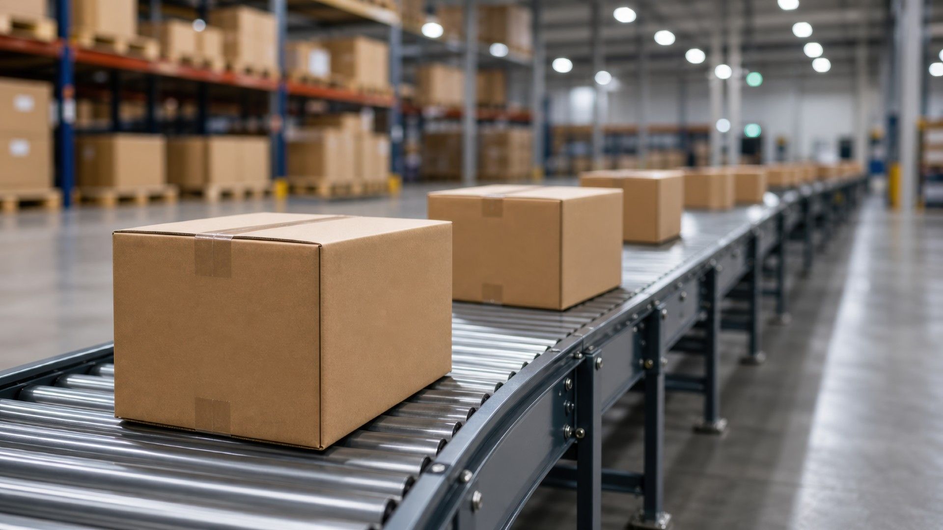 Cardboard boxes moving along a warehouse conveyor belt, with pallet racking visible in the background