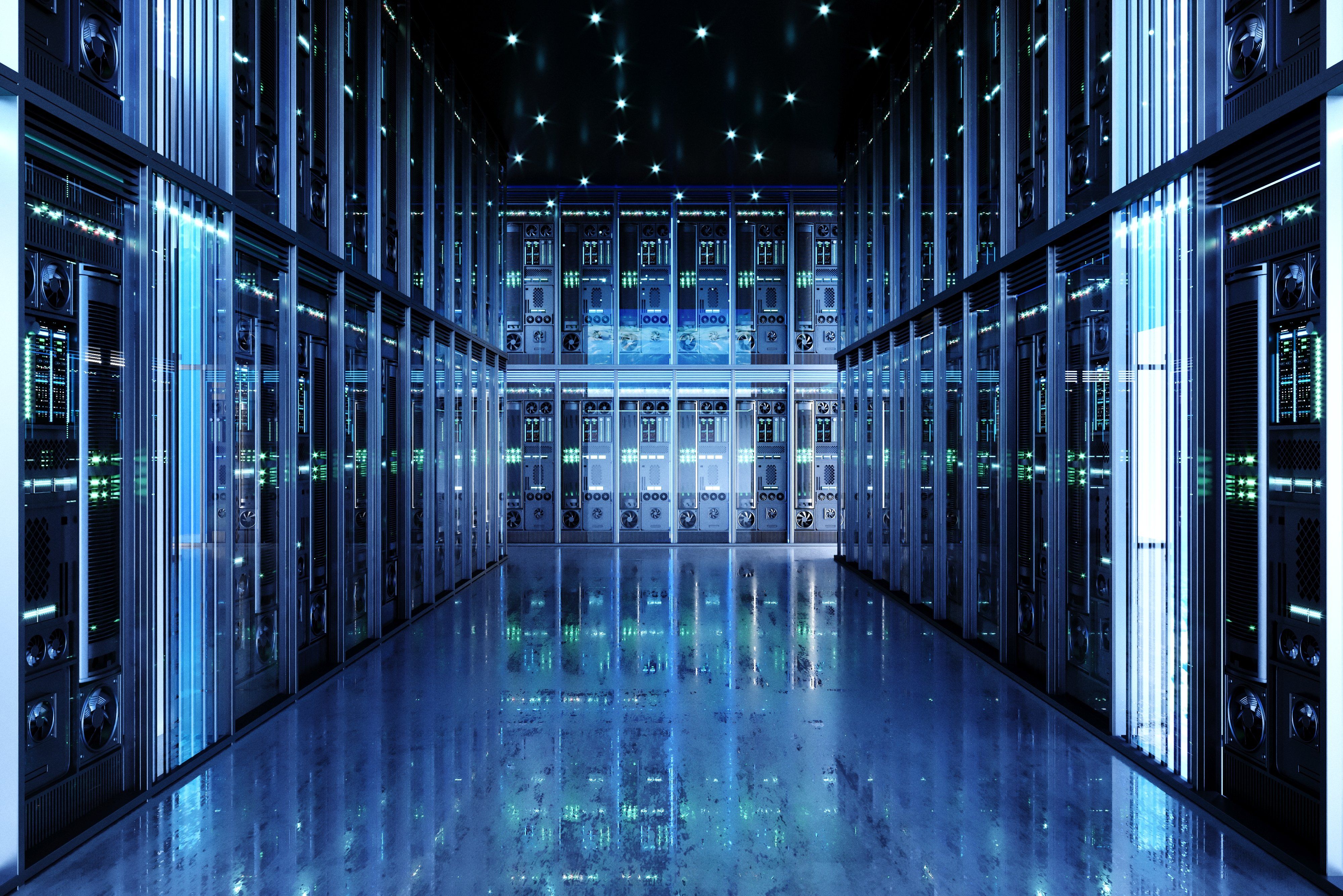 Cutting edge data center facility with two layered servers stacked on-top of each other.