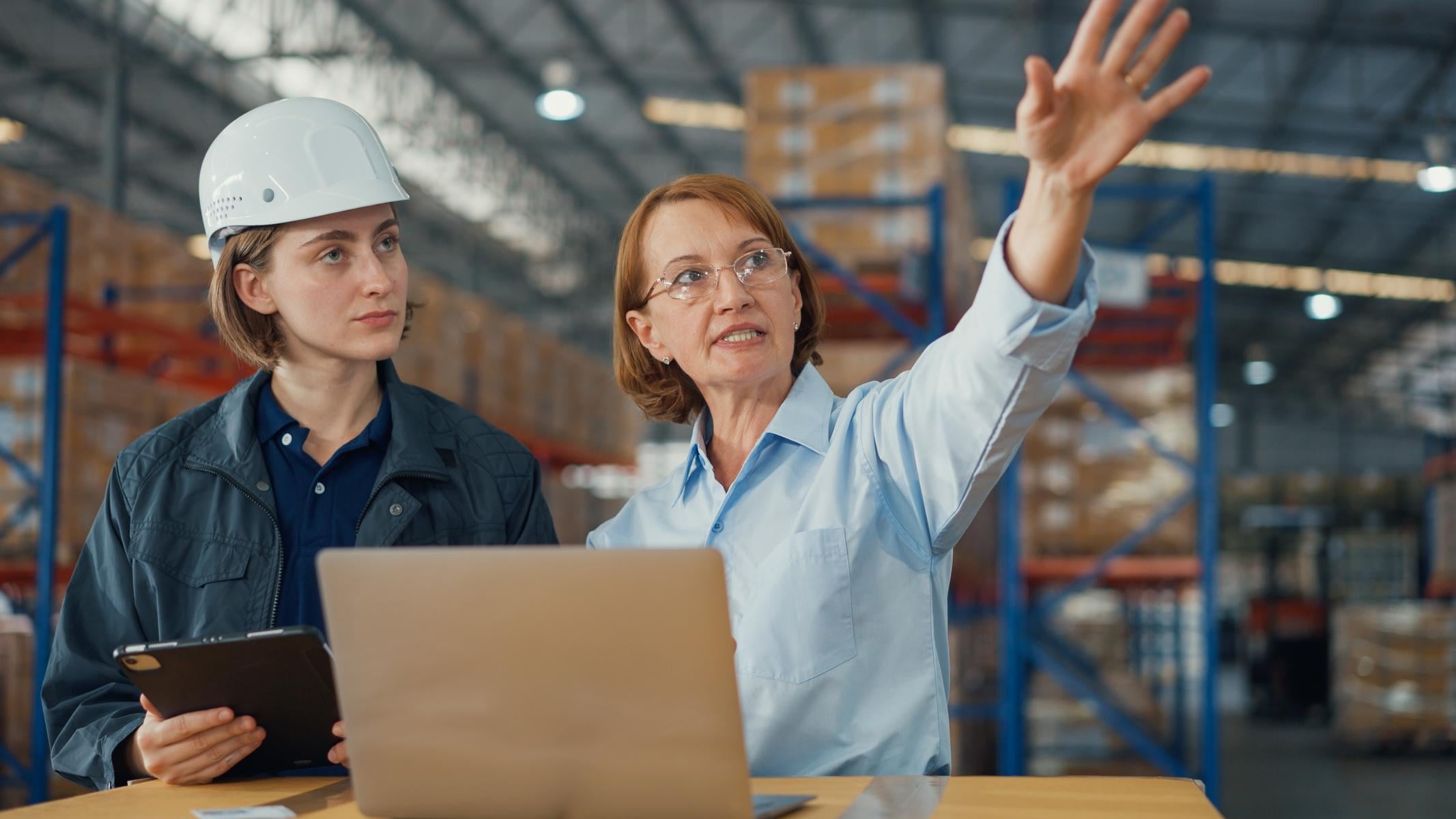 Two warehouse professionals working on a laptop