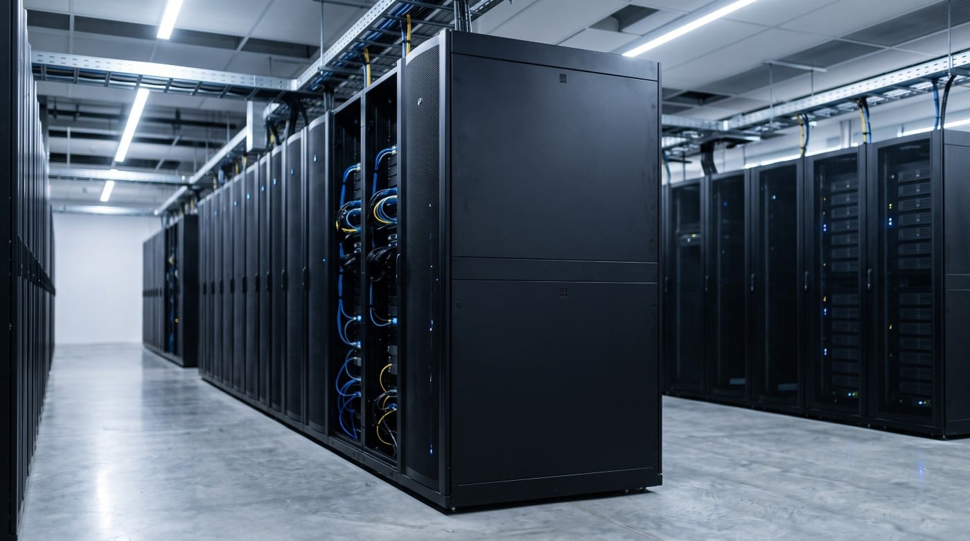 Row of black server cabinets in a bright, modern data center, the kind of GPU capacity neoclouds rent to enterprises