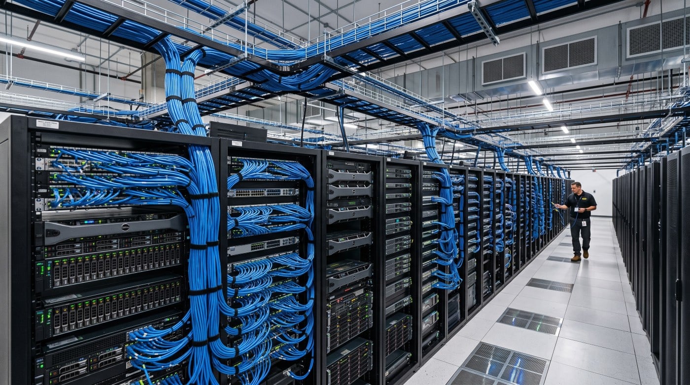 Technician with a tablet walking past server racks wired with blue network cables in a large data center